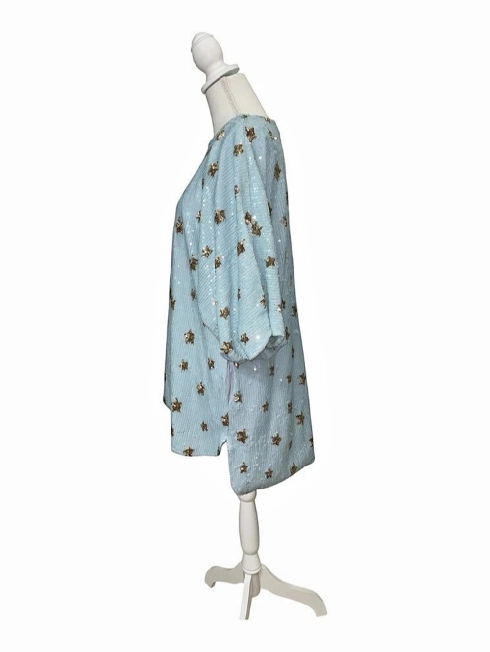 Mable Light Blue Sequin Star Mini Dress Small S Shift Tunic Balloon Sleeve $68 - Picture 5 of 6